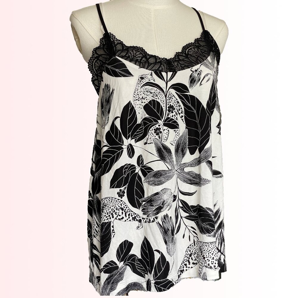 Soma lace cross strap cool nights cami in black and white jungle print - NWT